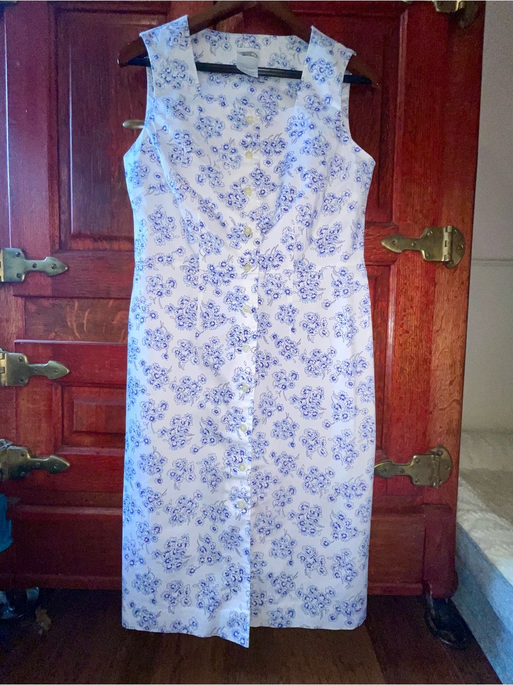 Laura Ashley White Sleeveless Shirtdress with Periwinkle and Blue Floral Pattern